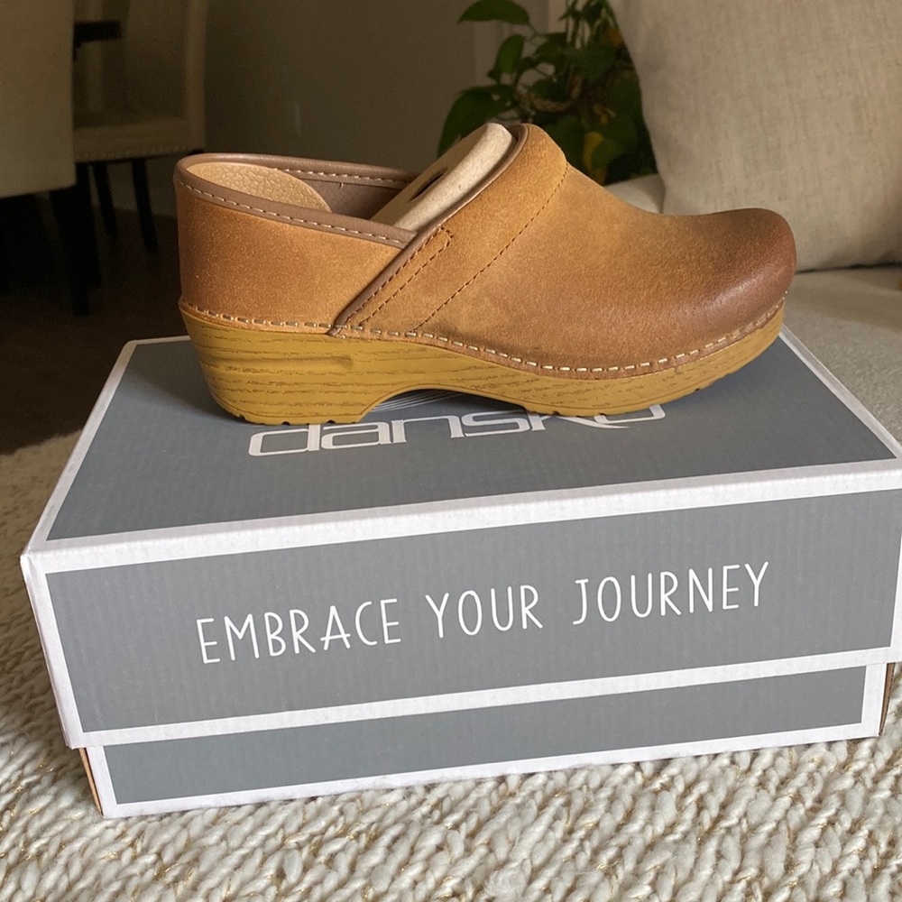 Tan Dansko slip on clogs for healthcare workers!